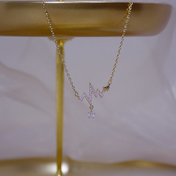 NEW 14K Gold Plated Diamond Heartbeat Necklace - Picture 7 of 8